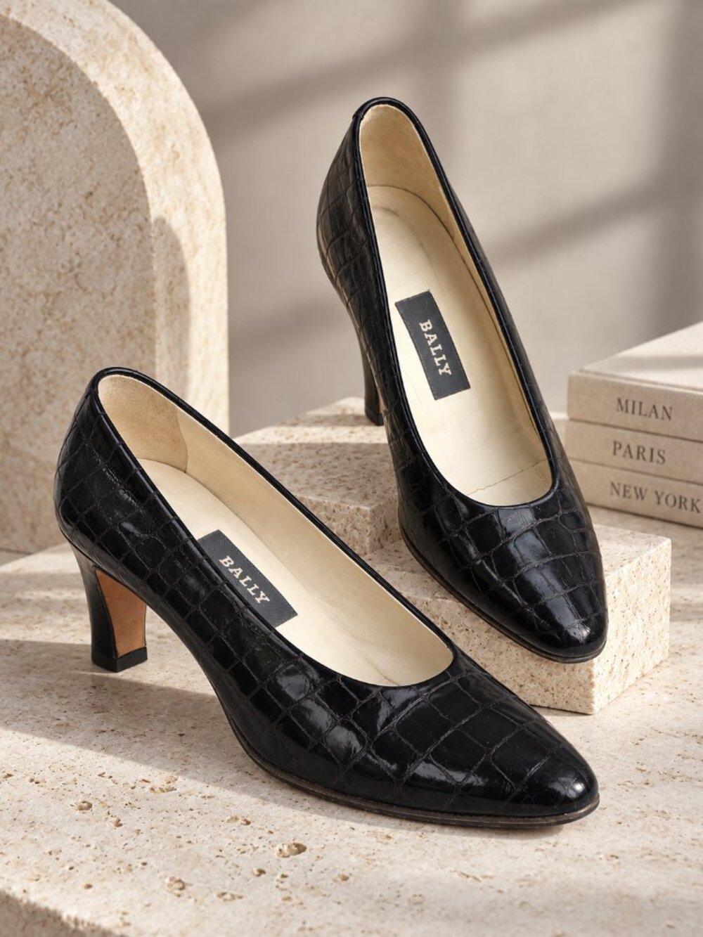 Bally, Leather Pumps, Croc-Embossed, Block Heel, Size EU 36